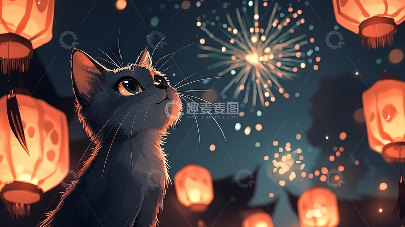 高清大图下载【趣麦麦图】猫咪看烟花