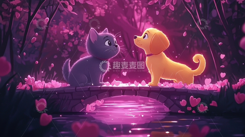 高清大图下载【趣麦麦图】小猫小狗桥上浪漫