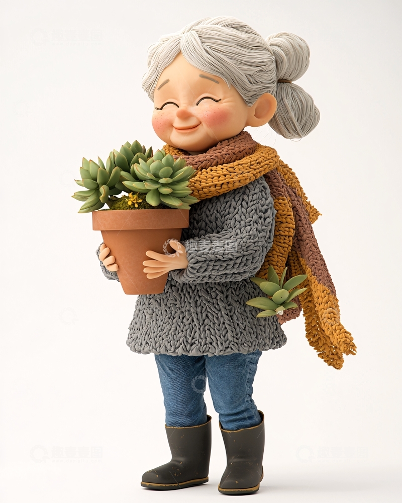 高清大图下载【趣麦麦图】可爱奶奶抱着多肉植物
