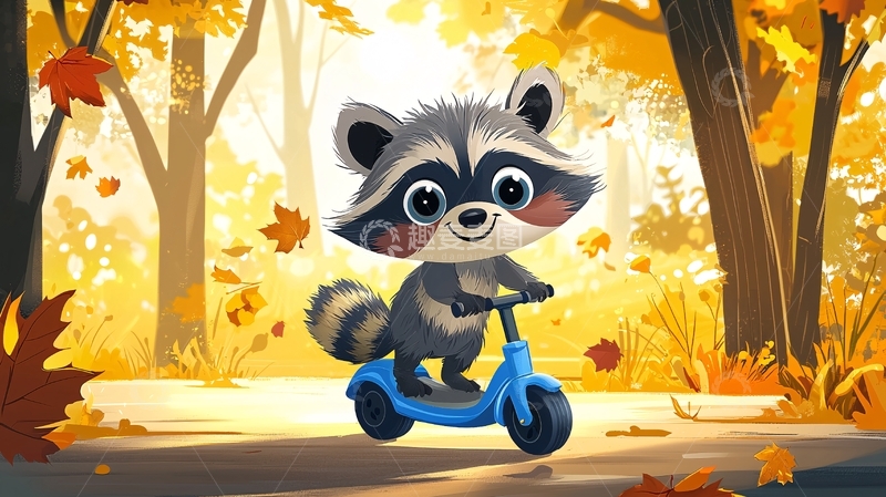 高清大图下载【趣麦麦图】秋日森林里的小浣熊骑着滑板车