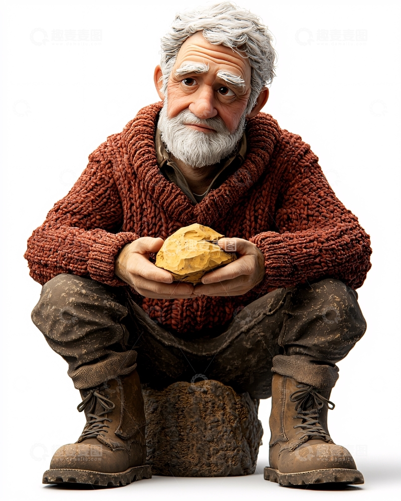 高清大图下载【趣麦麦图】老爷爷抱着金色石头