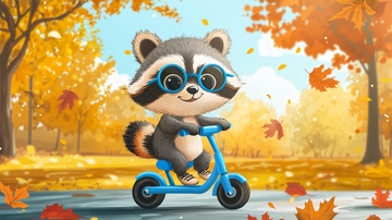 秋日小浣熊骑着蓝色滑板车
