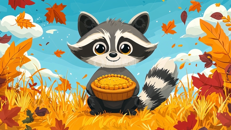 高清大图下载【趣麦麦图】卡通浣熊捧着南瓜派