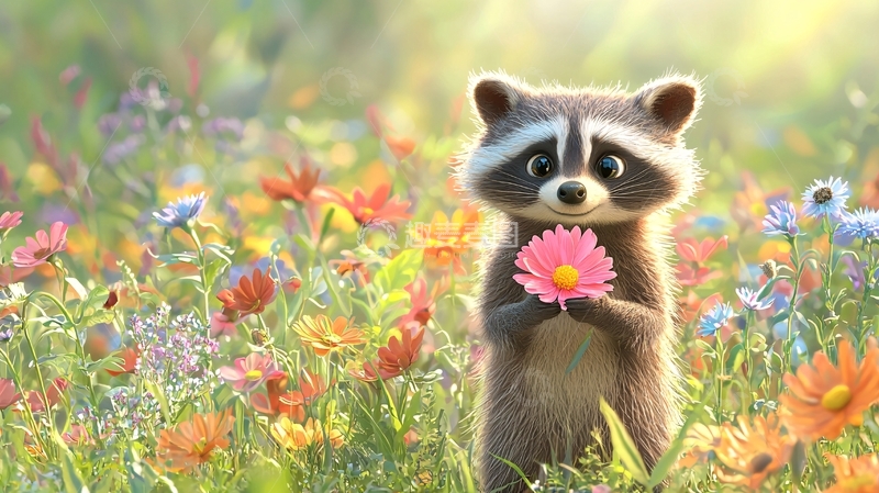 高清大图下载【趣麦麦图】可爱浣熊花田