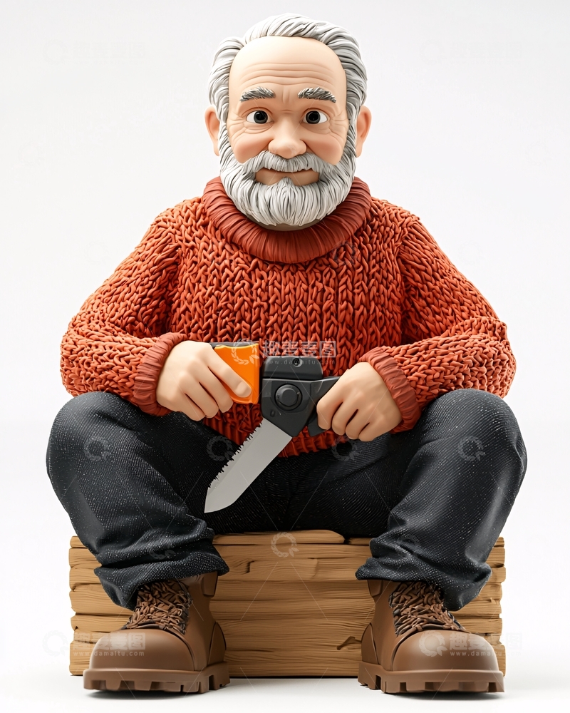 高清大图下载【趣麦麦图】坐在木箱上的老人雕像