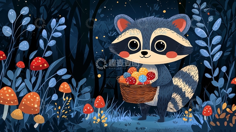 高清大图下载【趣麦麦图】卡通浣熊提着一篮水果