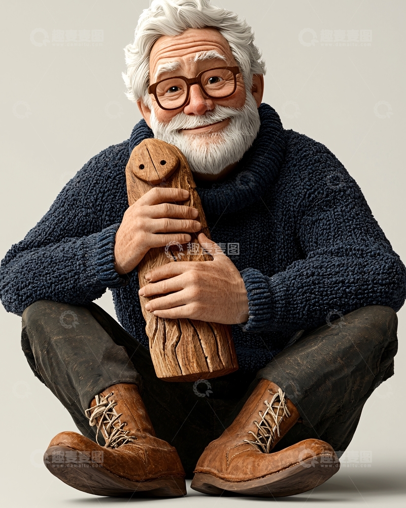 高清大图下载【趣麦麦图】慈祥老人怀抱木雕
