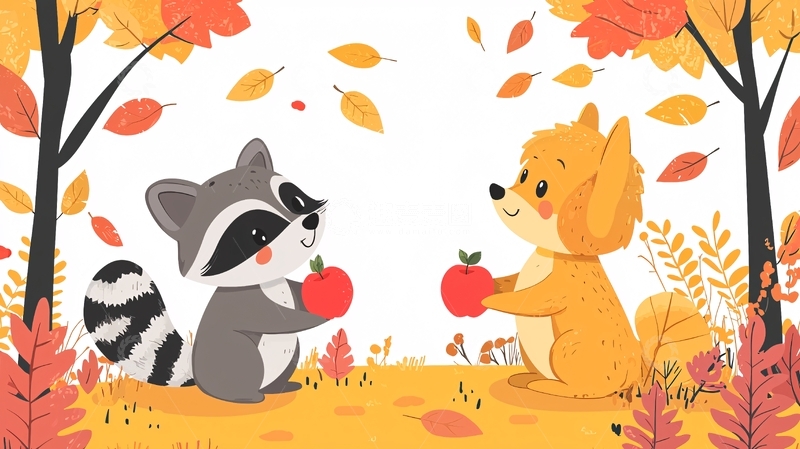 高清大图下载【趣麦麦图】秋日森林浣熊狐狸分享苹果