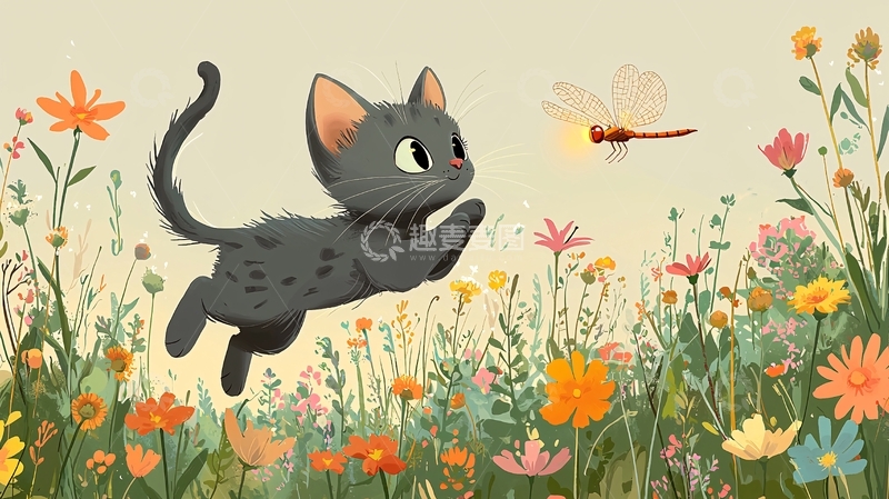 高清大图下载【趣麦麦图】小猫跳跃花田追蜻蜓