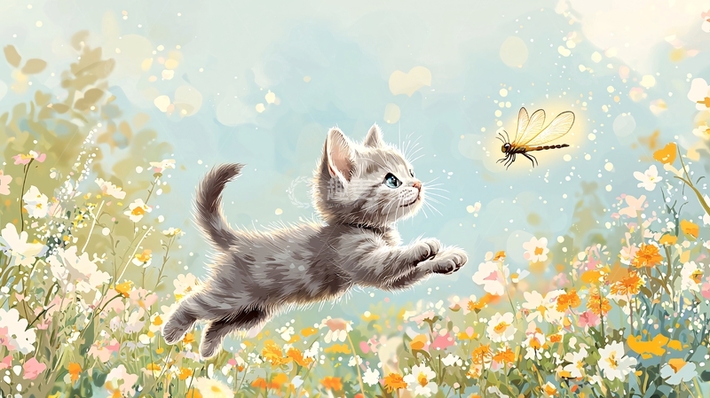 高清大图下载【趣麦麦图】小猫追逐蝴蝶花田