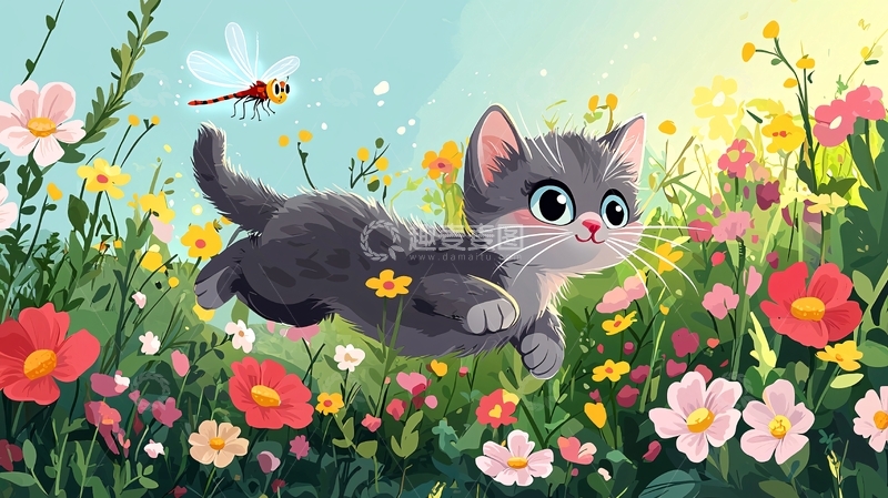 高清大图下载【趣麦麦图】小猫在花丛中奔跑
