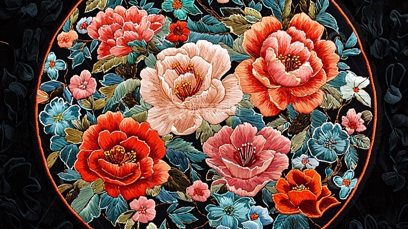 高清大图下载【趣麦麦图】圆形花卉刺绣图案