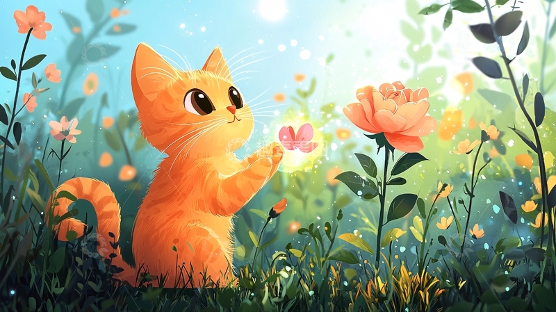高清大图下载【趣麦麦图】小猫与蝴蝶和玫瑰花