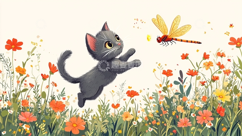 高清大图下载【趣麦麦图】小猫扑蜻蜓花丛
