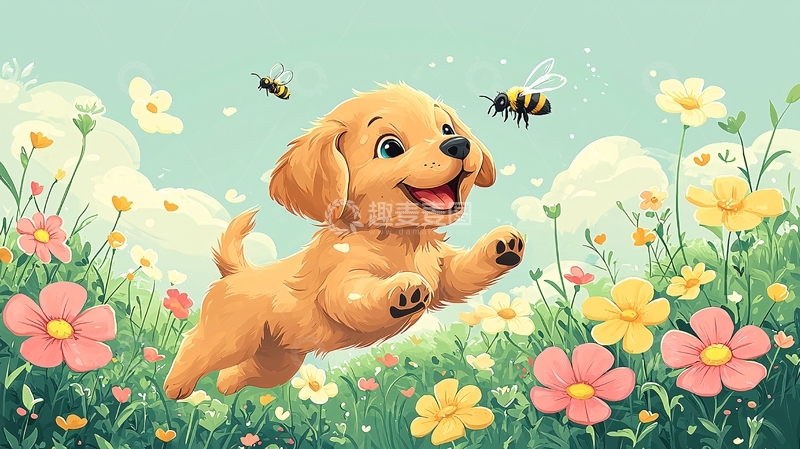 高清大图下载【趣麦麦图】金毛幼犬在花丛中玩耍