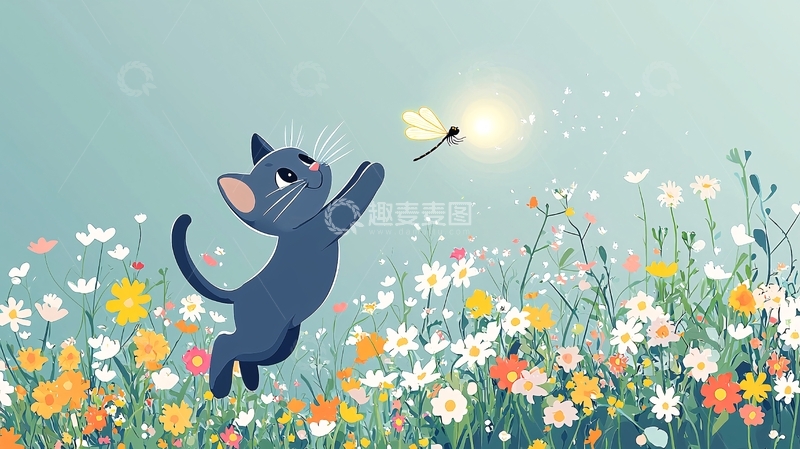 高清大图下载【趣麦麦图】小猫追逐萤火虫