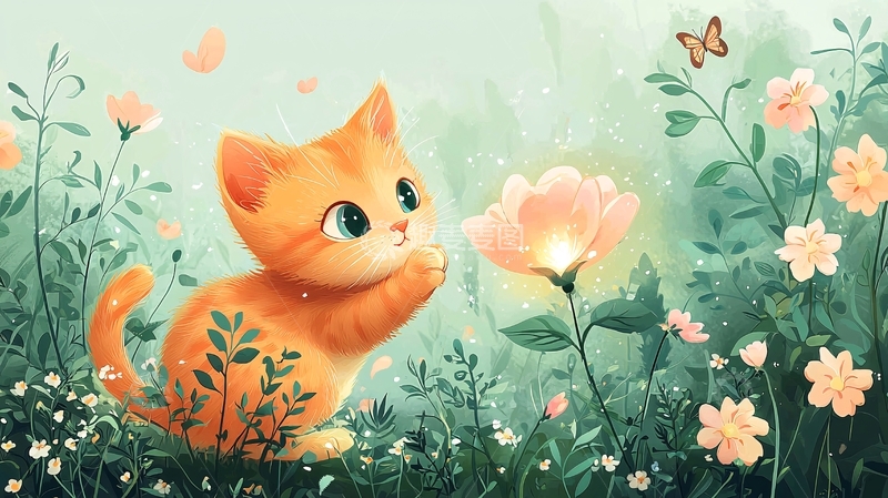 高清大图下载【趣麦麦图】卡通橘猫在花丛中