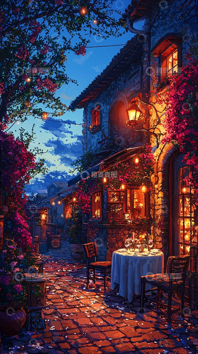 高清大图下载【趣麦麦图】夜晚小镇浪漫晚餐