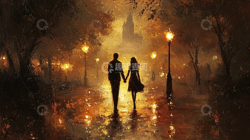 高清大图下载【趣麦麦图】黄昏恋人牵手漫步