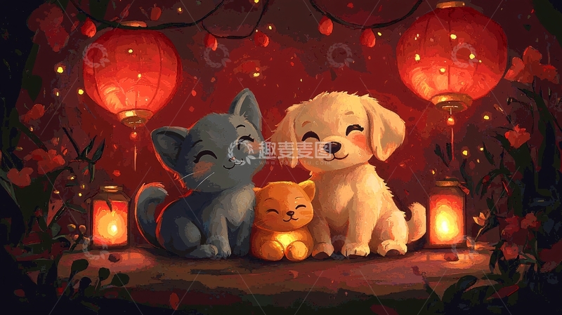 高清大图下载【趣麦麦图】小猫小狗红灯笼