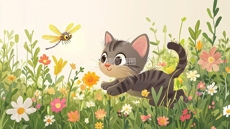 高清大图下载【趣麦麦图】小猫在花丛中追逐蜻蜓