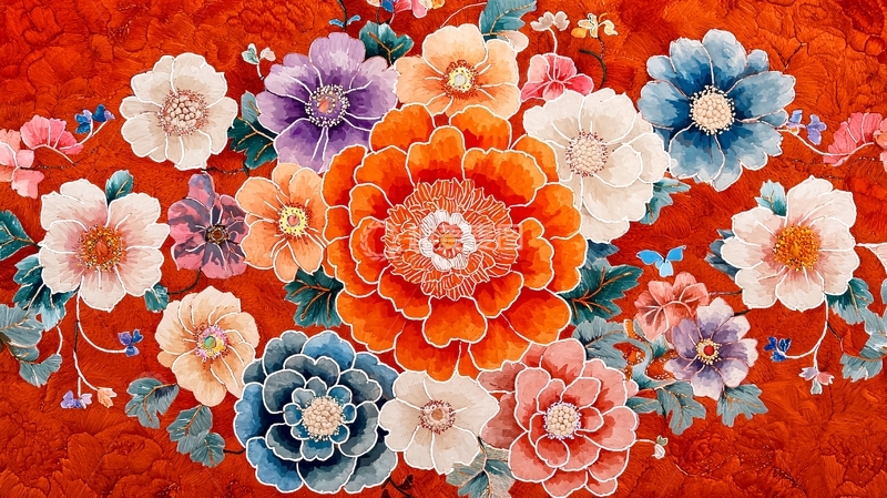 高清大图下载【趣麦麦图】红底彩色花卉图案