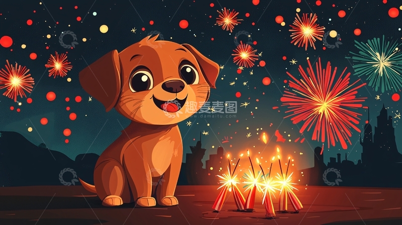 高清大图下载【趣麦麦图】卡通小狗与烟花背景