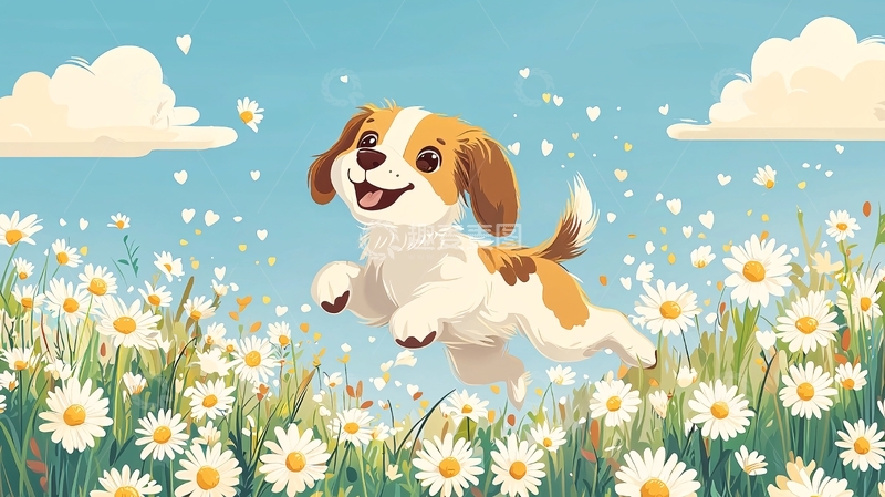 高清大图下载【趣麦麦图】小狗在雏菊花田里奔跑