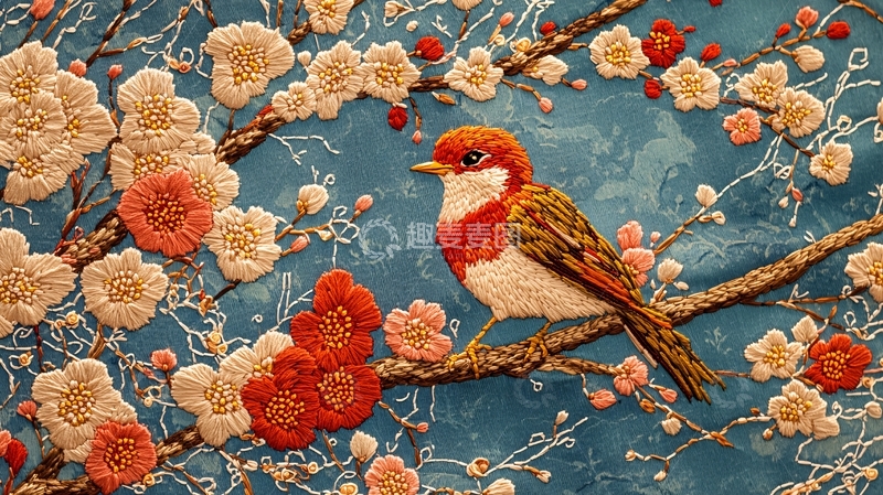 高清大图下载【趣麦麦图】刺绣红雀梅花图