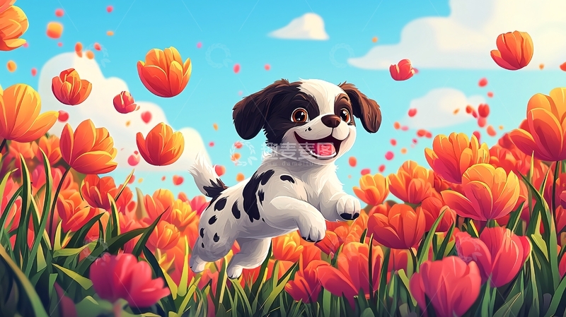 高清大图下载【趣麦麦图】小狗在郁金香花田里玩耍