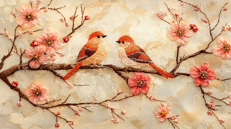 高清大图下载【趣麦麦图】两只鸟儿栖息在桃花枝头