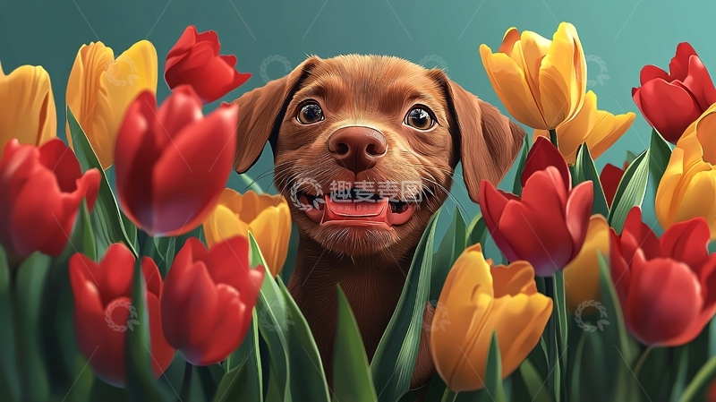 高清大图下载【趣麦麦图】小狗与郁金香