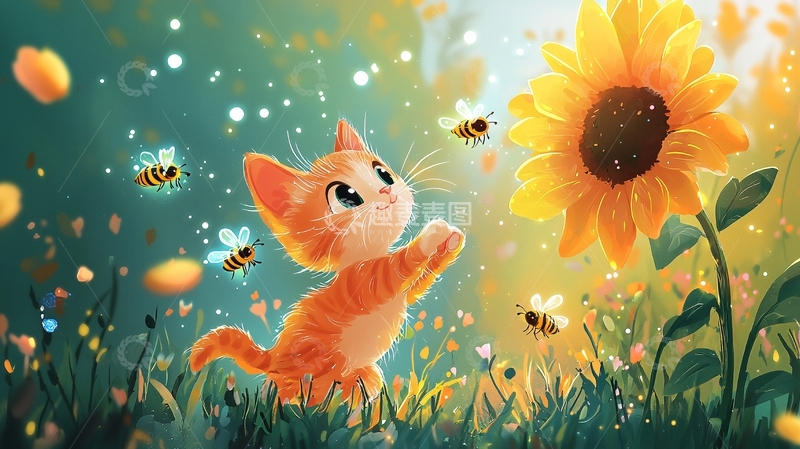 高清大图下载【趣麦麦图】小猫向日葵蜜蜂插画