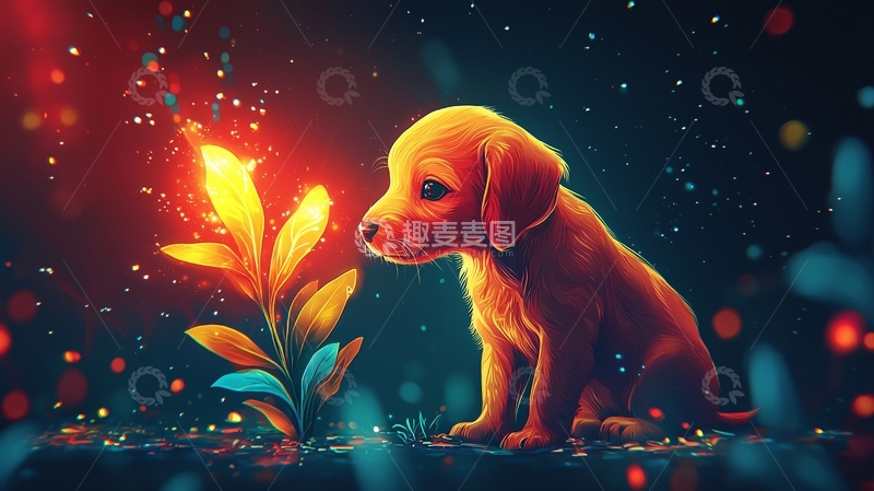 高清大图下载【趣麦麦图】-小狗闻着发光的花朵