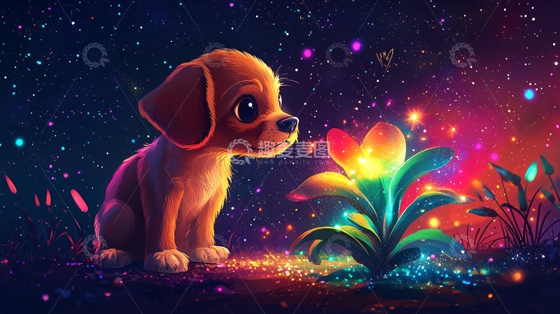 高清大图下载【趣麦麦图】小狗看发光花朵