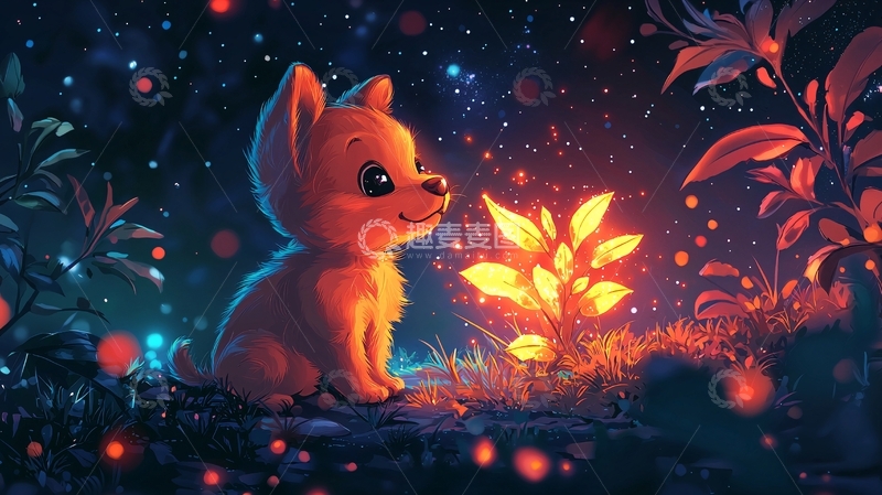 高清大图下载【趣麦麦图】小狗与发光植物