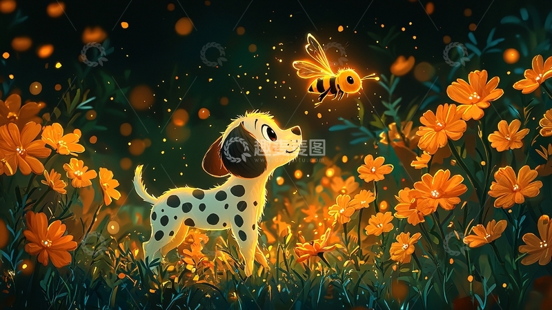 高清大图下载【趣麦麦图】小狗和萤火虫在花丛中