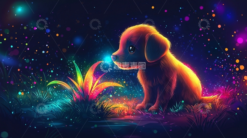 高清大图下载【趣麦麦图】小狗凝视发光植物
