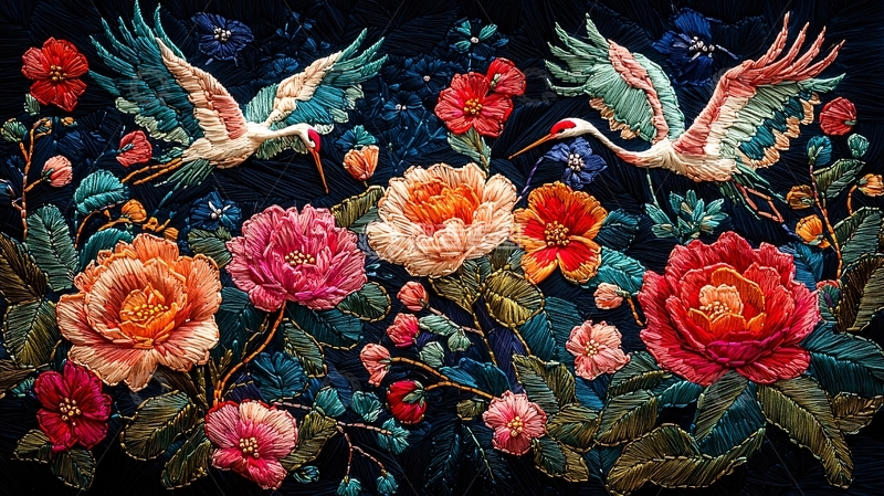 高清大图下载【趣麦麦图】暗夜飞鹤绣花图案