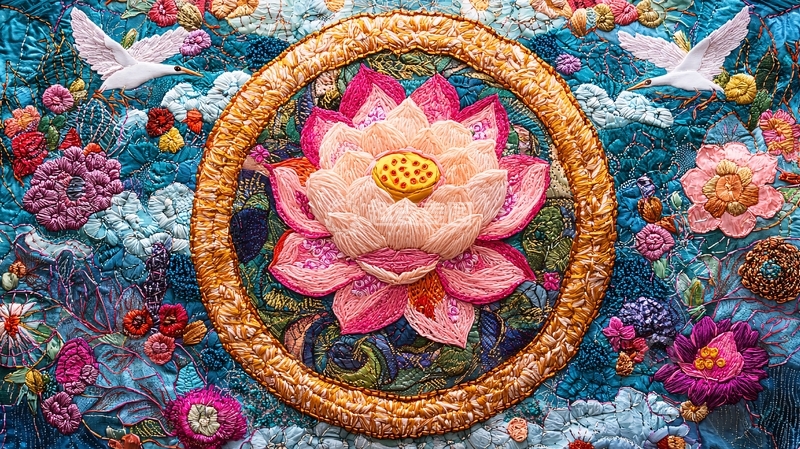 高清大图下载【趣麦麦图】精美刺绣荷花图