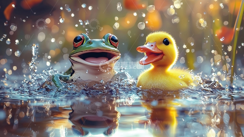 高清大图下载【趣麦麦图】青蛙和小鸭子在水中嬉戏