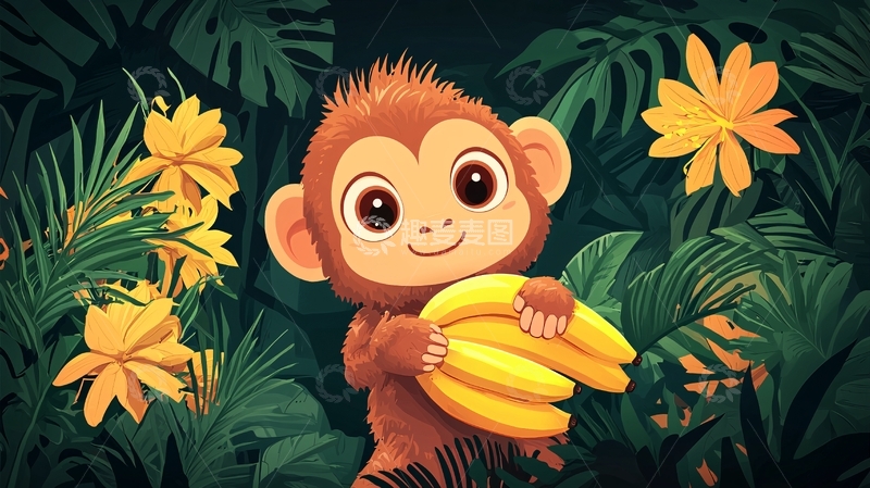 高清大图下载【趣麦麦图】可爱猴子香蕉丛林