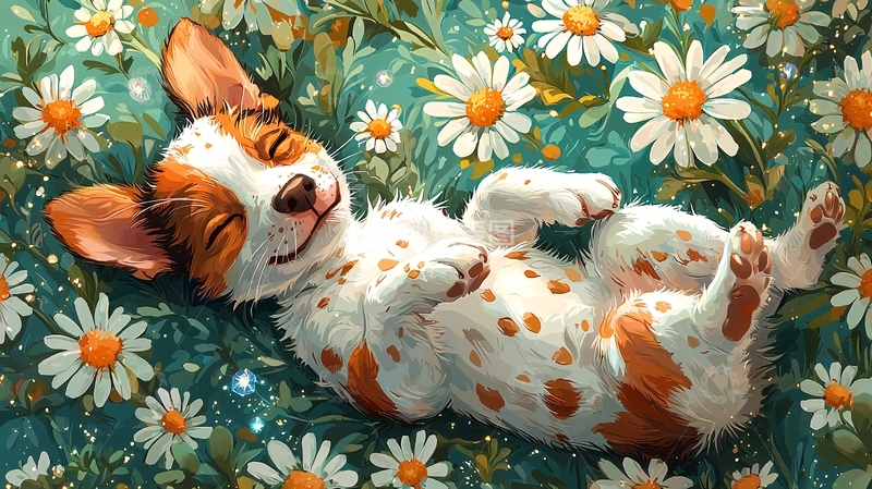 高清大图下载【趣麦麦图】小狗在雏菊花丛中睡觉