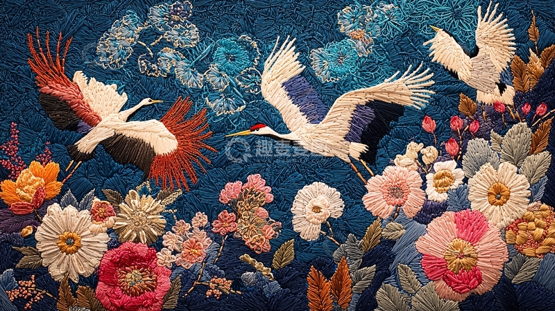 高清大图下载【趣麦麦图】蓝色背景刺绣仙鹤图