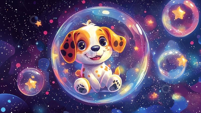 高清大图下载【趣麦麦图】太空泡泡里的可爱小狗