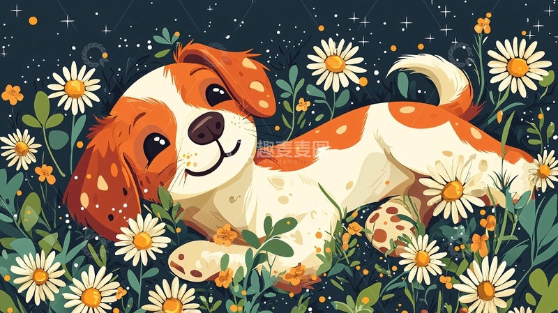 高清大图下载【趣麦麦图】小狗在雏菊花丛中