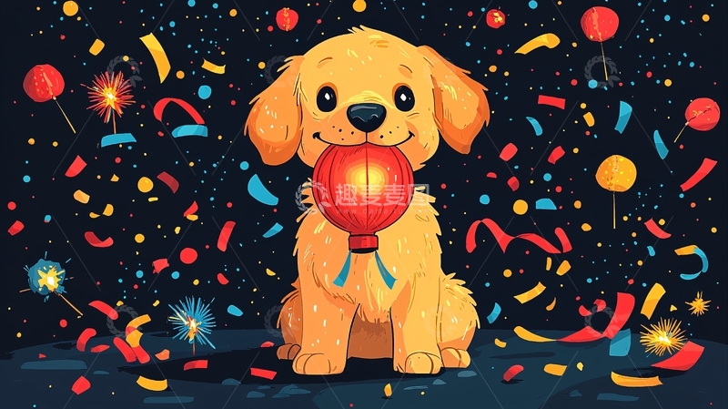 高清大图下载【趣麦麦图】金毛犬提灯过新年