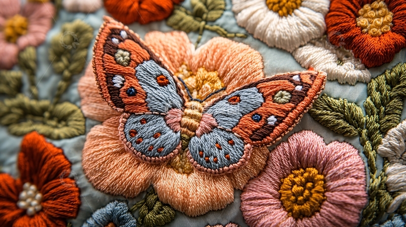 高清大图下载【趣麦麦图】精美手工刺绣花朵蝴蝶