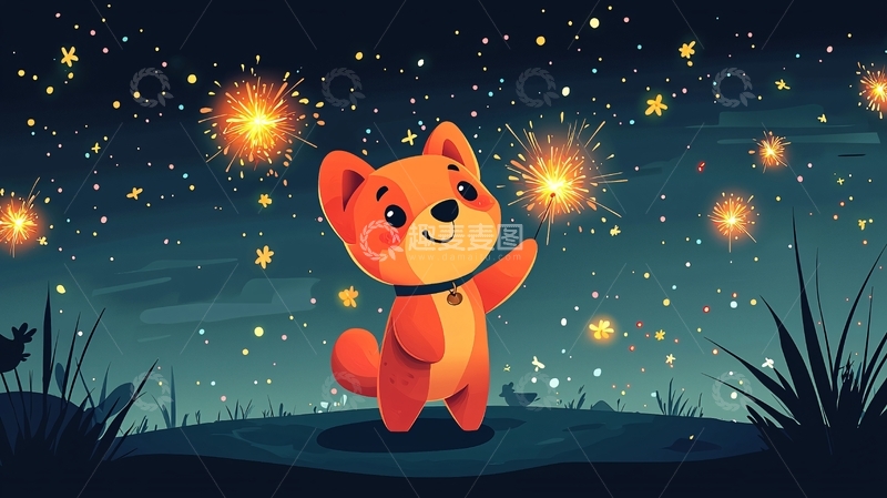 高清大图下载【趣麦麦图】卡通小狗在星空下玩烟花