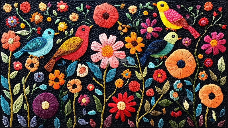 高清大图下载【趣麦麦图】色彩鲜艳的刺绣花鸟图